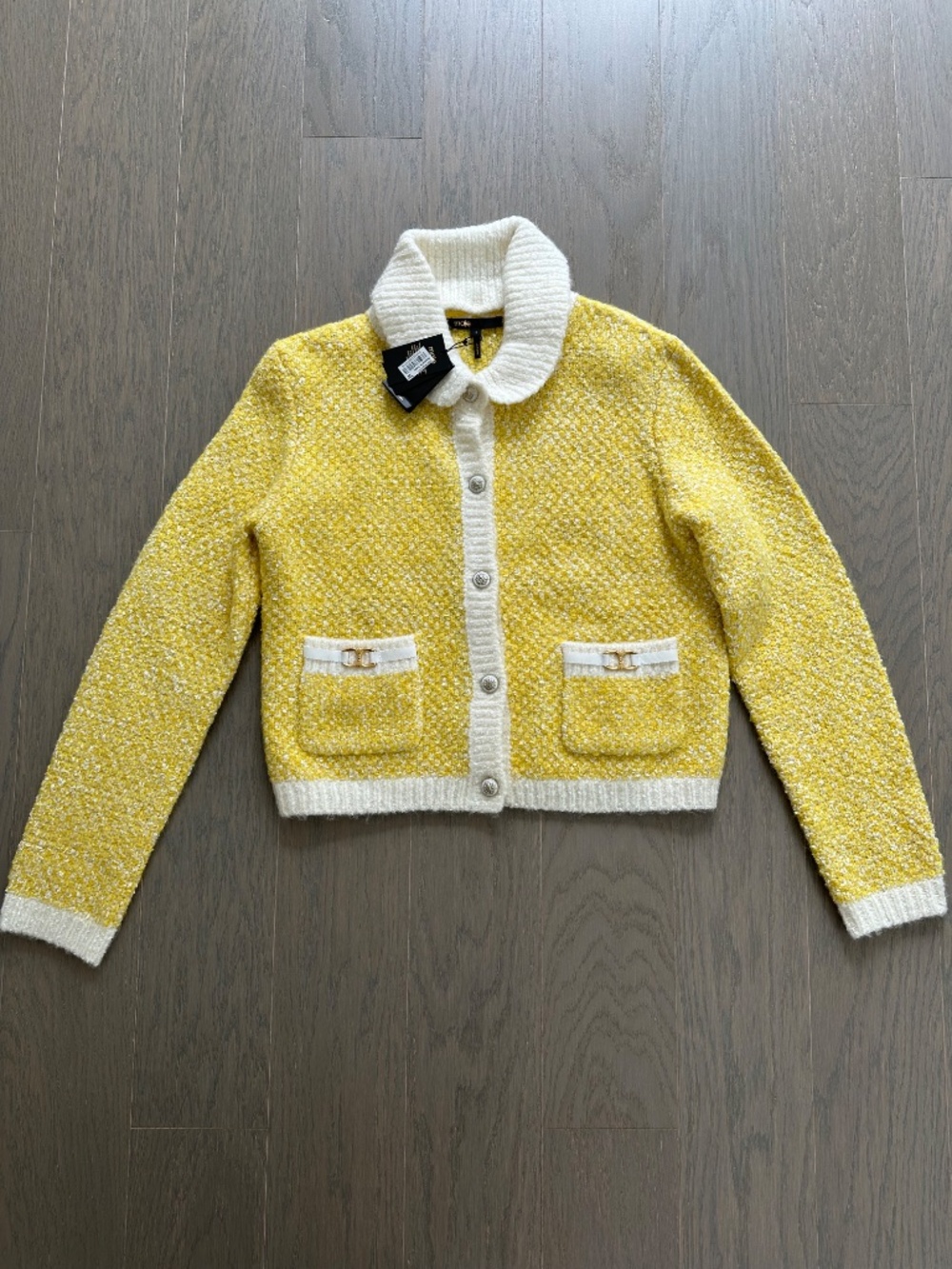 MAJE Missiony Collared Metallic Bouclé Cardigan Sweater Yellow With Tags SMALL - Picture 2 of 7